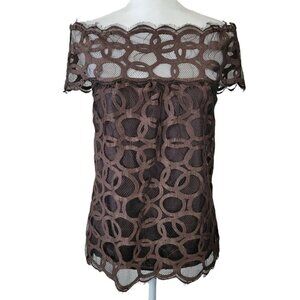 Robert Rodriguez Sz 2 Off The Shoulder Top Lace Over Silk Brown Circle Design